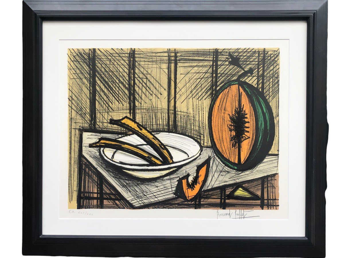 Buffet Bernard Still Life With Melon And Plate Lithography Colors Justified-photo-1