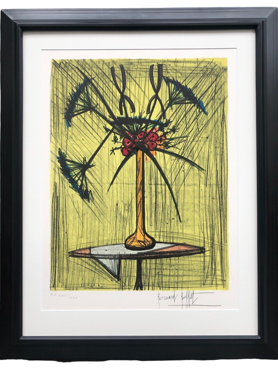 Buffet Bernard Still Life With A Vase Of Flowers On A Pedestal Color Lithography Justified-photo-1