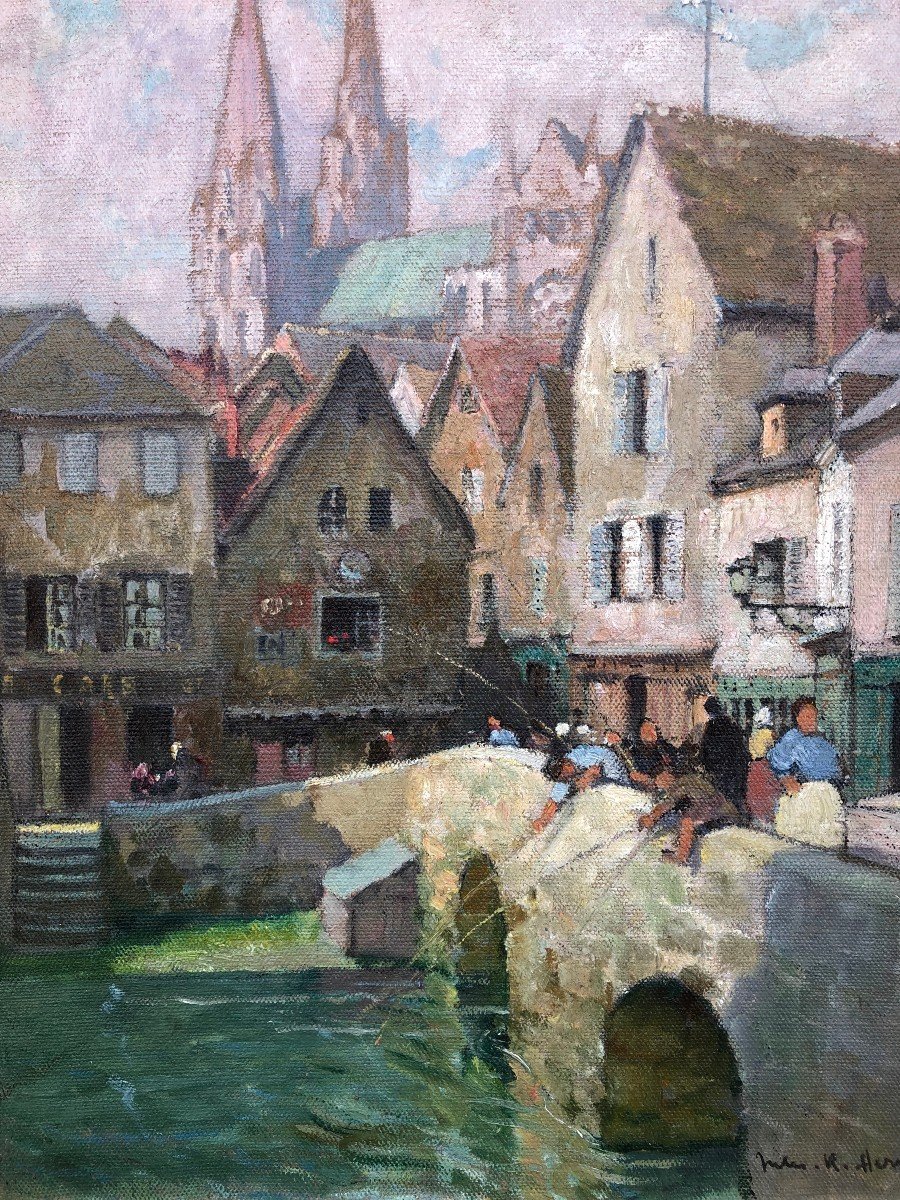 Herve Jules Painting 20th Century Le Pont Boujou Chartres Cathedral Oil On Canvas Signed-photo-4