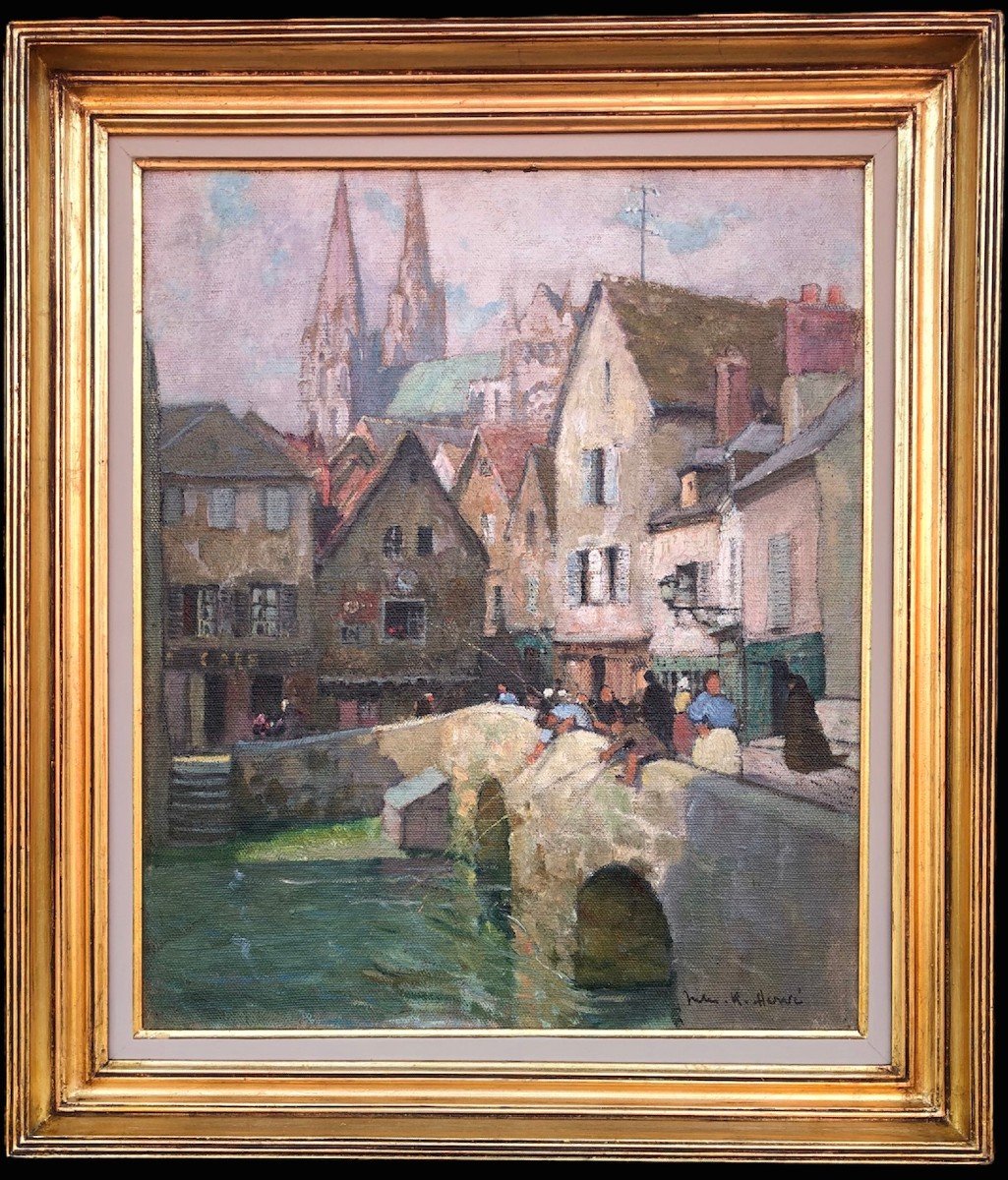 Herve Jules Painting 20th Century Le Pont Boujou Chartres Cathedral Oil On Canvas Signed-photo-4