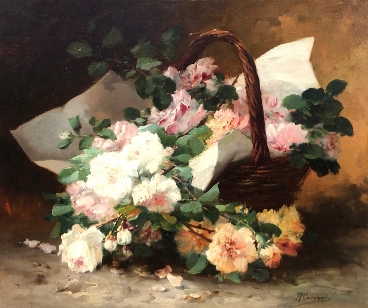 Cauchoix Eugène Bunch Of Roses In A Basket Oil On Canvas Signed ​​​​​​​certificat -photo-2