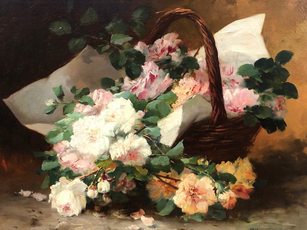 Cauchoix Eugène Bunch Of Roses In A Basket Oil On Canvas Signed ​​​​​​​certificat -photo-3