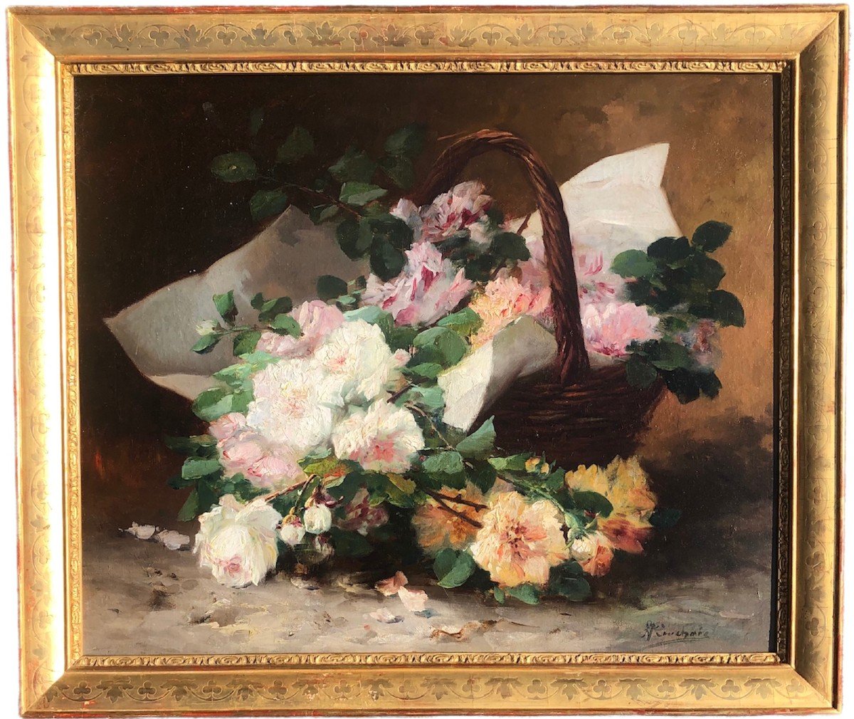 Cauchoix Eugène Bunch Of Roses In A Basket Oil On Canvas Signed ​​​​​​​certificat 