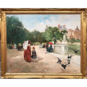 De Paredes Vincent Animation In The Luxembourg Garden Oil On Canvas Signed ​​​​​​​certificat