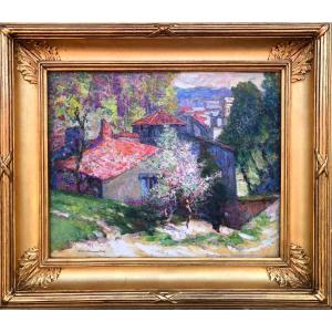 Charreton Victor French Painting 20th Century Auvergne Village Oil Signed Certificate