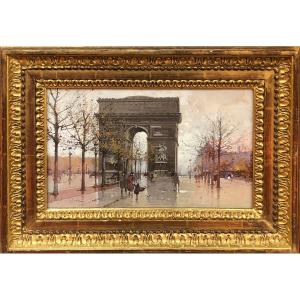Galien Laloue French Painting 20th Paris Animation Champs Elysées And Arc De Triomphe Gouache
