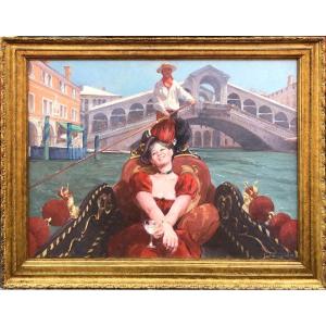 Leon Zeytline Russian School 20th Elegant Venice In Gondola Near The Rialto Bridge Oil Signed Certi