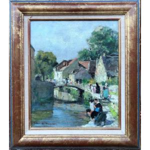 Herve Jules Painting 20th Century Sunday In The Countryside Oil Canvas Signed Certificate Of Authenticity