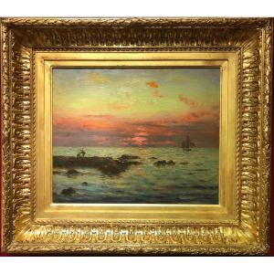 Signoret Charles Français 20è  Sud De La France Marine Coucher De Soleil Huile Toile Signée