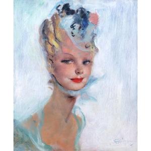 Domergue Jean Gabriel French Painting 20th Portrait Of An Elegant Oil Signed Certificate