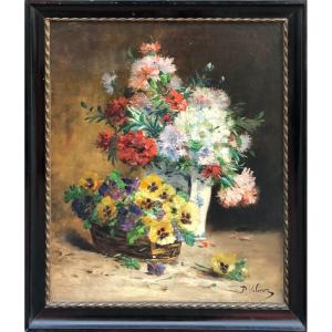 Cauchoix Eugène Bouquet Of Carnations Basket Of Pansies Oil Canvas Signed Certificate Of Authenticity