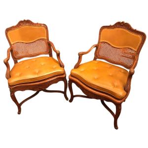 Pair Of Regency Period Flat Back Armchairs With Carved Natural Wood Cane Base