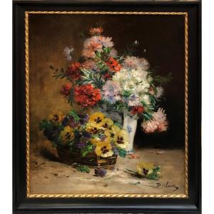 Cauchoix Eugène Bouquet Of Carnations Basket Of Thoughts Oil Canvas Signed Certificate Of Authenticity