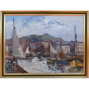 Herbo Fernand Peinture Française XXè Normandie Honfleur Son Port Huile Toile Signée Certificat