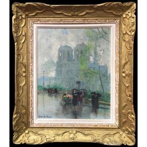 Herve Jules Langres The Flower Seller In Front Of Notre Dame Oil On Canvas Signed Certificate 