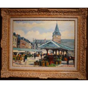 Vigon Louis Painting 20th School Of Rouen Market Square Villers Sur Mer Oil Signed Certificate