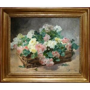 Jeannin Georges French Painting 19th Century Basket Of Roses Oil On Canvas Signed Certificate