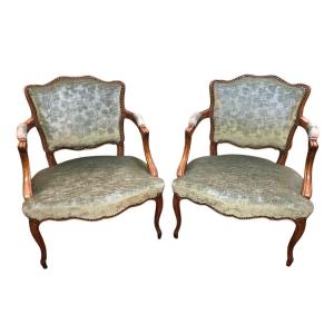 Pair Of Louis XV Style Dressing Chairs With Scalloped Backrest In Beech