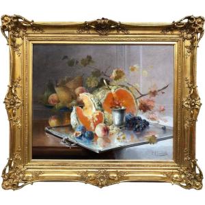 Cauchoix Eugène Still Life With Fruit On A Silver Tray Oil On Canvas Signed Certificate 