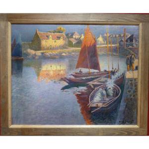 Bouvet Max French Painting Marine 20th Century Breton Port Oil Canvas Signed Certificate