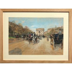 Stein Georges Paris Animation Avenue Foch Towards The Arc De Triomphe Watercolor Signed Certificate 