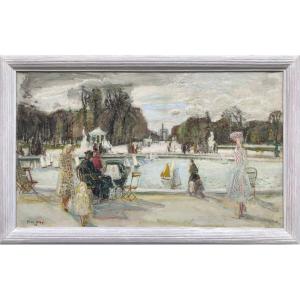 Macavoy Edouard Paris The Tuileries Garden Oil Canvas Signed Certificate Of Authenticity