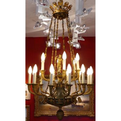 Important Empire Chandelier 18 Lights In Chased And Gilded Bronze