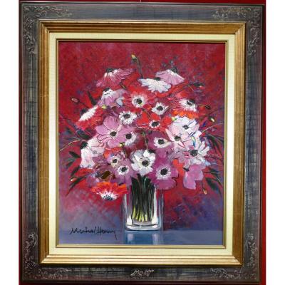 Michel Henry Painting 20th Century Anemones Of France Oil On Canvas Signed Modern Art