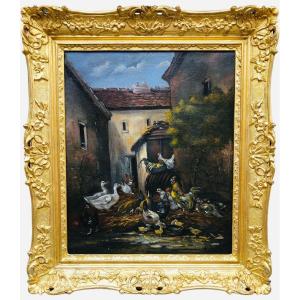 Guilleminet Claude Old Painting 19th Barbizon School The Reveil Of The Low Court Oil Signed