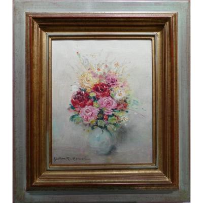 Herve Jules René Painting 20th Century Bunch Of Flowers Oil On Canvas Signed