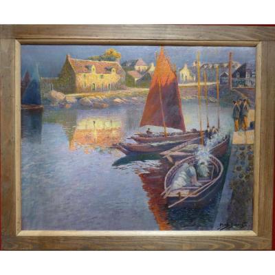 Max Bouvet Painting French Marine 20th Century Small Port Breton Oil On Panel Signed