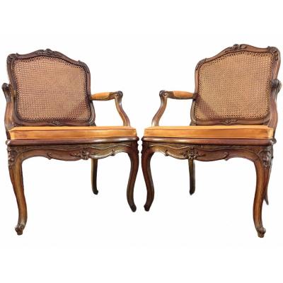 Pair Of Natural Wooden Armchairs XVIIIth Century Signed Jean Avisse Regency Period