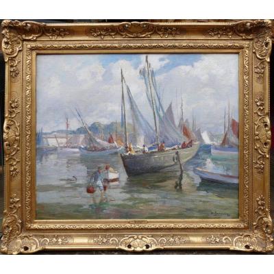 Barnoin Henri French Painting 20th View Of France(brittany)harbour Of Concarneau Oil Signed