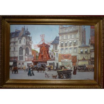 Leon Zeytline Ecole Russe 20è Siècle Vue De Paris Le Moulin Rouge Huile Sur Toile Signée