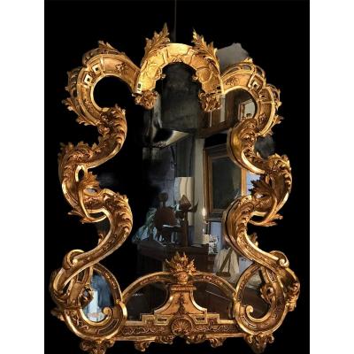 Miroir Rocaille En Bois Doré 19è