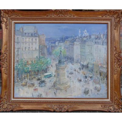 Bertin Roger French School 20th Century Paris La Place De Clichy Oil On Canvas Signed