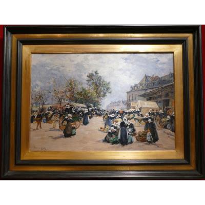 Legout Gerard French School Painting Breton XIXth Market In Concarneau Oil Canvas Signed