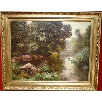 His René French Painting Early 20th Century River In The Wood Oil On Canvas Signed