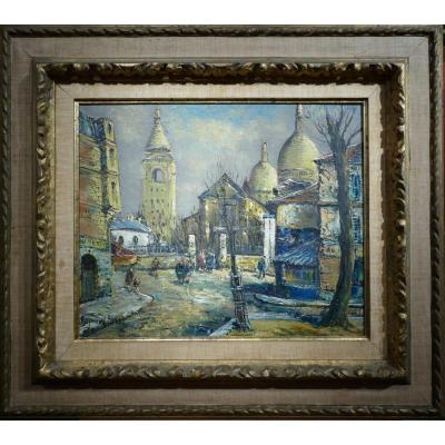 Besse Raymond French Painting 20th Paris Montmartre La Place Du Tertre Oil On Canvas Signed