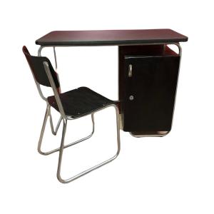Bauhaus Style Desk In Painted Wood And Tubular Metal Legs With Black Leatherette Top