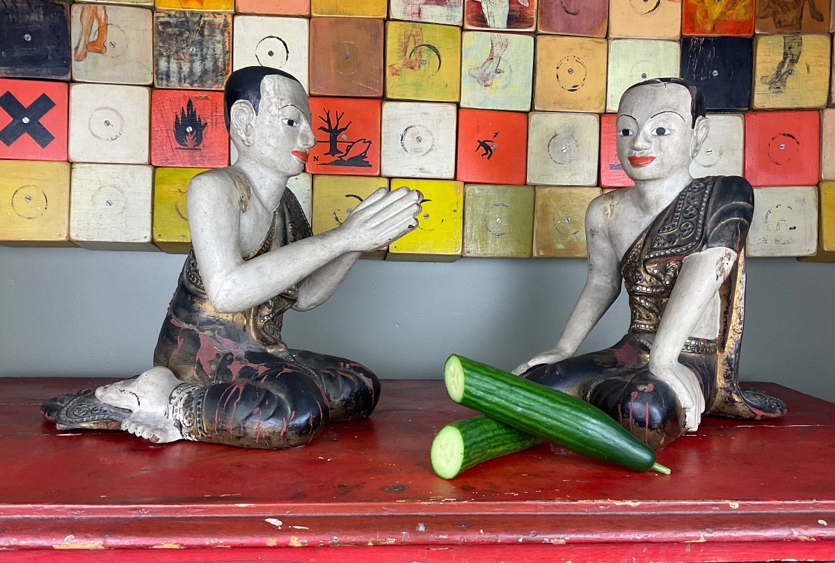 Burma, Early 20th Century, Two Wooden Buddha Disciples.