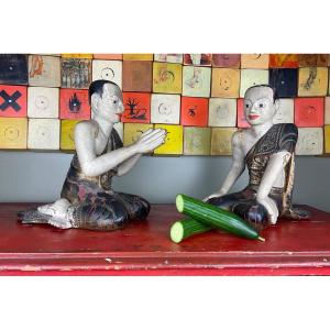 Birmanie, Début XXe, Deux Disciples De Bouddha En Bois.