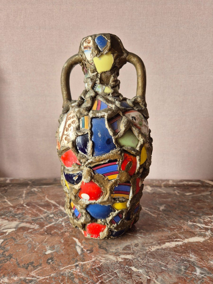 Vase Picassiette type amphore - Mosa&iuml;que de Tessons de Fa&iuml;ences et de Verre - XXe Si&egrave;cle -photo-2
