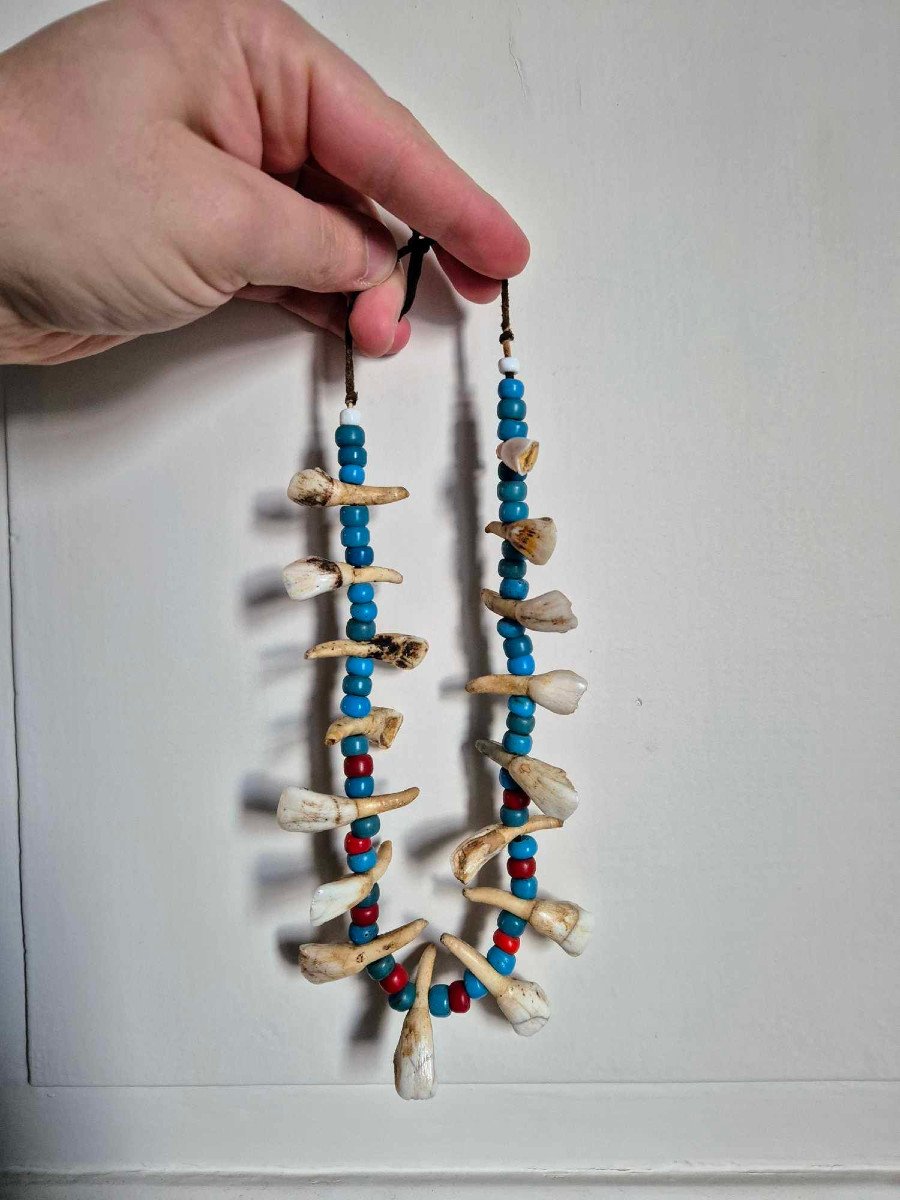 Plains Indian Reservation Necklace - Trade Beads And Buffalo Teeth-photo-4