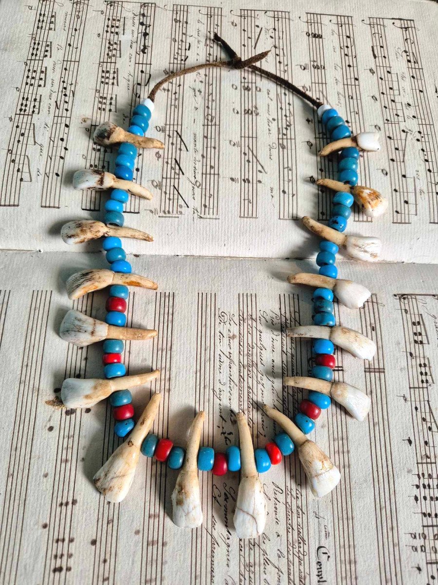 Plains Indian Reservation Necklace - Trade Beads And Buffalo Teeth