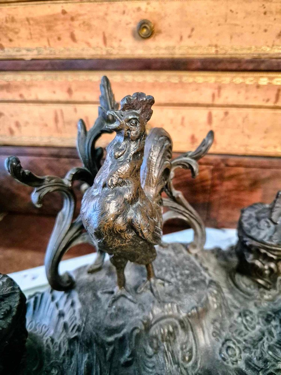 Inkwell With Rooster Signed A. Bossu In Spelter - Late 19th Century Art Deco-photo-1