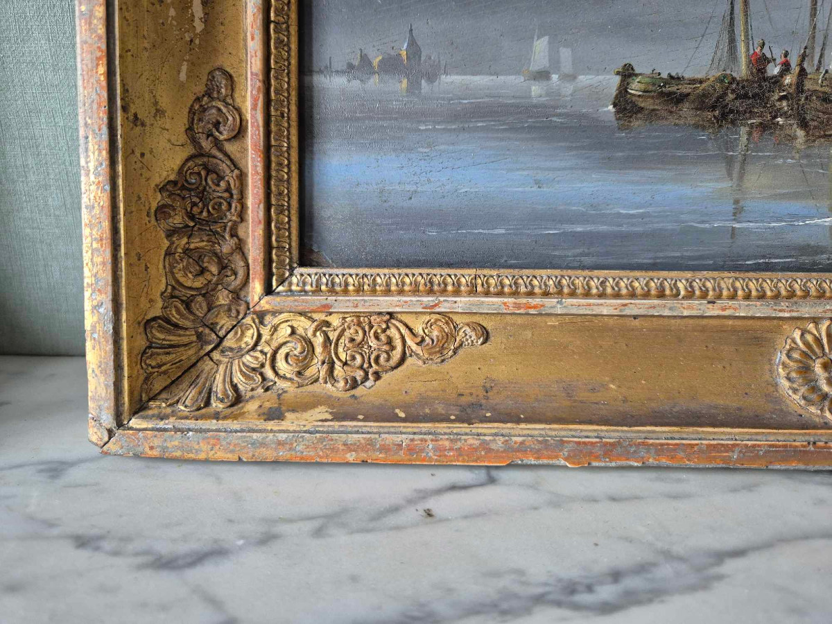 Marine - Oil On Wood Dutch School - 19th Century Empire Frame-photo-3