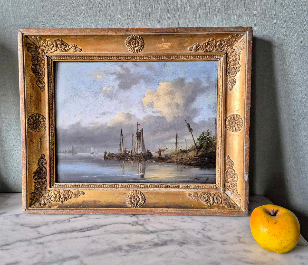 Marine - Oil On Wood Dutch School - 19th Century Empire Frame