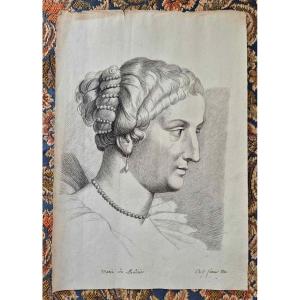 Marie De Medici - Original Pencil Drawing - Alphonse De Boisricheux - Empire - 19th Century