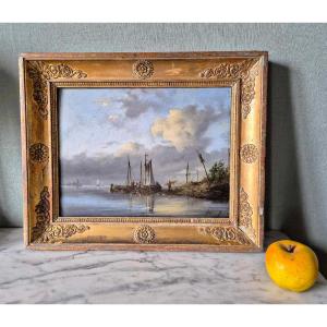 Marine - Oil On Wood Dutch School - 19th Century Empire Frame